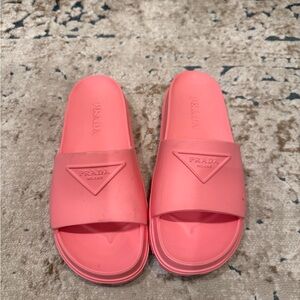 Prada Coral Pink Logo Rubber Slides